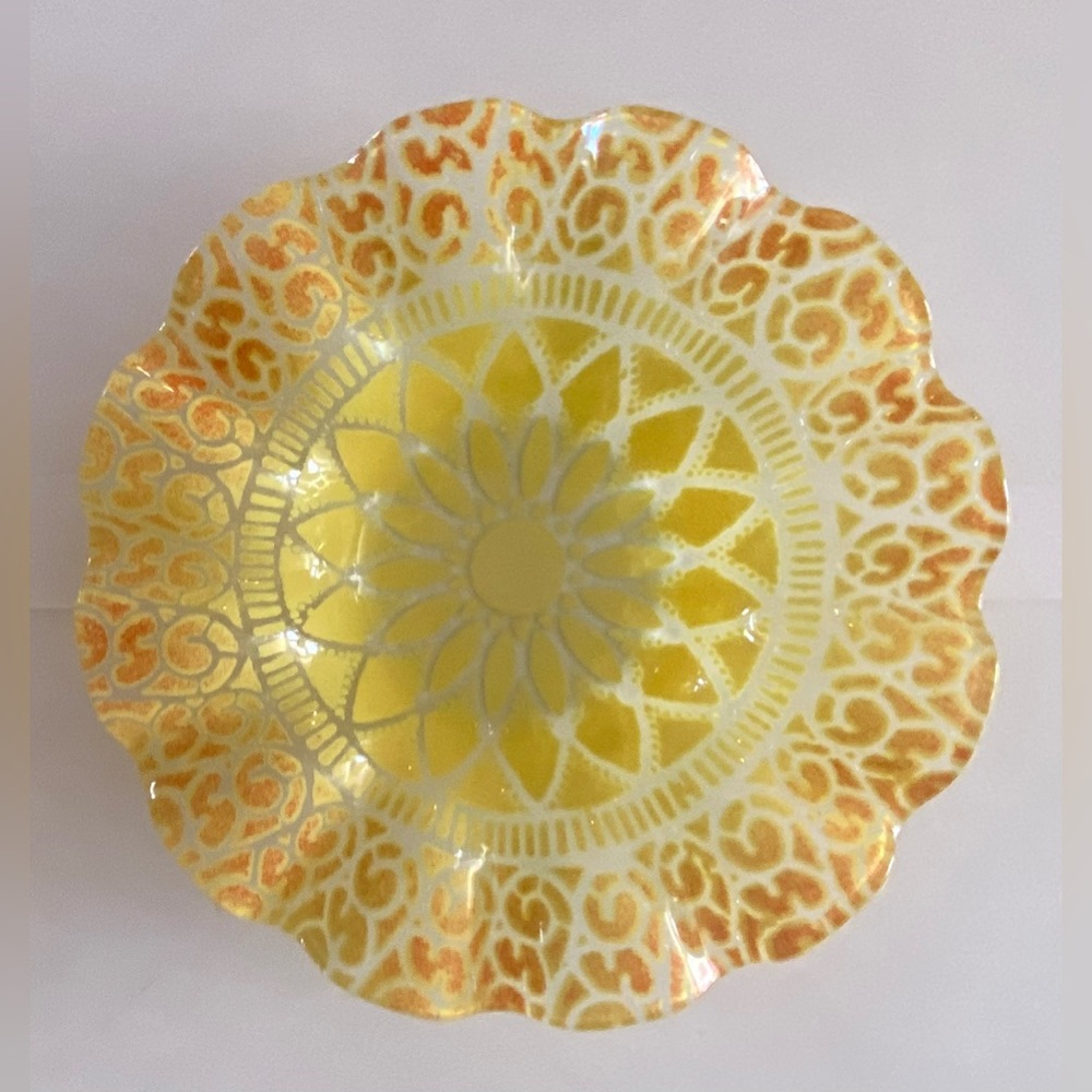 🟡 BEAUTIFUL YELLOW AND ORANGE SYDENSTRICKER FUSED ART GLASS BOWL DISH 🟡